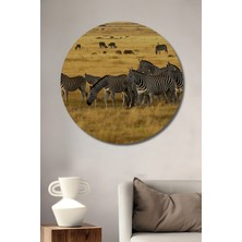 Afrika Savanında Zebra Sürüsü Yağlı Boya Görünümlü Dekoratif Ahşap Ev/işyeri/ofis Yuvarlak Tablo