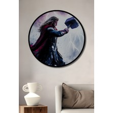 Çerçeve Görünümlü Thor Çekiç Fırtına Yağlı Boya Görünümlü Dekoratif Ahşap Ofis Yuvarlak Tablo