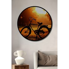 Çerçeve Görünümlü Gün Batımında Nostaljik Bisiklet Yağlı Boya Görünümlü Ahşap Ofis Yuvarlak Tablo