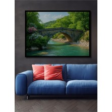 Çerçeve Görünümlü Taş Köprü ve Yeşil Nehir Yağlı Boya Görünümlü Ofis Dekoratif Ahşap Kare Tablo