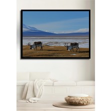 Çerçeve Görünümlü Kutup Ren Geyiği Manzarası Yağlı Boya Görünümlü Dekoratif Ahşap Ofis Kare Tablo