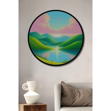 Çerçeve Görünümlü Pastel Tonlarda Rüyamsı Göl Manzarası Dekoratif Ahşap Işyeri/ofis Yuvarlak Tablo