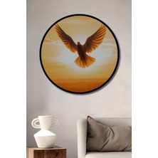 Çerçeve Görünümlü Gün Batımında Uçan Güvercin Yağlı Boya Görünümlü Ahşap Ofis Yuvarlak Tablo