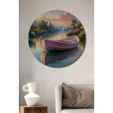Pembe Kayık Rüyası Yağlı Boya Görünümlü Dekoratif Ahşap Ev/işyeri/ofis Yuvarlak Tablo