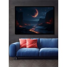 Çerçeve Görünümlü Alev Ay Gökyüzü Yağlı Boya Görünümlü Dekoratif Ahşap Ev/işyeri/ofis Kare Tablo