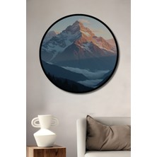 Çerçeve Görünümlü Gün Batımı Dağları Yağlı Boya Görünümlü Dekoratif Ahşap Ofis Yuvarlak Tablo