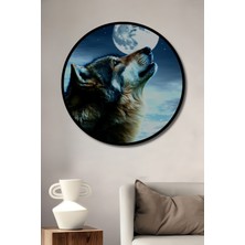 Çerçeve Görünümlü Dolunayda Uluyan Kurt Yağlı Boya Görünümlü Dekoratif Ahşap Ofis Yuvarlak Tablo