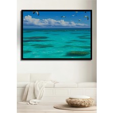 Çerçeve Görünümlü Turkuaz Denizde Uçan Martılar Yağlı Boya Görünümlü Ahşap Ofis Kare Tablo