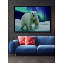 Çerçeve Görünümlü Kutup Ayısı ve Kuzey Işıkları Yağlı Boya Görünümlü Ofis Ahşap Kare Tablo