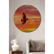 Gün Batımında Uçan Kızıl Kuş Yağlı Boya Görünümlü Dekoratif Ahşap Ev/işyeri/ofis Yuvarlak Tablo