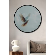 Çerçeve Görünümlü Uçan Beyaz Güvercin Yağlı Boya Görünümlü Dekoratif Ahşap Ofis Yuvarlak Tablo