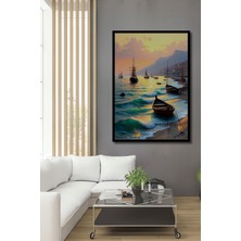 Çerçeve Görünümlü Altın Işıklar Altında Deniz Manzarası Yağlı Boya Görünümlü Ahşap Ofis Tablo