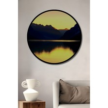 Çerçeve Görünümlü Altın Yansıma Dağ Manzarası Yağlı Boya Görünümlü Ahşap Ofis Yuvarlak Tablo