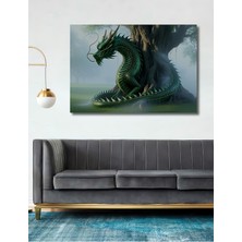 Yeşil Ejderha ve Yaşam Ağacı Yağlı Boya Görünümlü Dekoratif Ahşap Ev/işyeri/ofis Kare Tablo