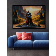 Çerçeve Görünümlü Zırhlı Şövalye Görkemli Manzara Yağlı Boya Görünümlü Ahşap Ofis Kare Tablo