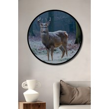 Çerçeve Görünümlü Karlı Ormanda Geyik Manzarası Dekoratif Ahşap Ev/işyeri/ofis Yuvarlak Tablo