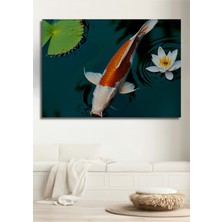 Koi Balığı ve Nilüfer Çiçeği Yağlı Boya Görünümlü Ev/işyeri/ofis Dekoratif Ahşap Kare Tablo