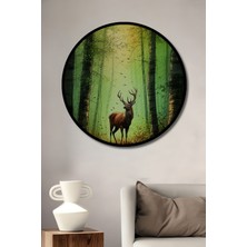 Çerçeve Görünümlü Orman Içinde Görkemli Geyik Kara Kalem Görünümlü Ofis Ahşap Yuvarlak Tablo