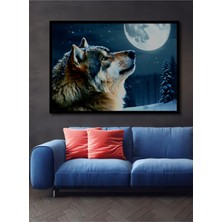 Çerçeve Görünümlü Dolunayda Uluyan Kurt Yağlı Boya Görünümlü Dekoratif Ahşap Işyeri/ofis Kare Tablo