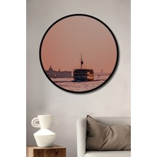 Çerçeve Görünümlü Pembe Gün Batımında Istanbul Vapuru Yağlı Boya Görünümlü Ahşap Ofis Tablo