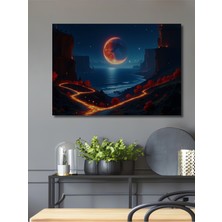 Kızıl Dolunay Sahili Yağlı Boya Görünümlü Dekoratif Ahşap Ev/işyeri/ofis Kare Tablo