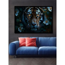 Çerçeve Görünümlü Çiçekler Içinde Parlayan Gözlü Kaplan Yağlı Boya Görünümlü Ofis Ahşap Tablo