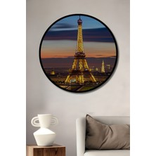 Çerçeve Görünümlü Eiffel Kulesi Paris Gün Batımı Yağlı Boya Görünümlü Ahşap Ofis Yuvarlak Tablo