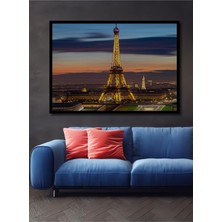 Çerçeve Görünümlü Eiffel Kulesi Paris Gün Batımı Yağlı Boya Görünümlü Ahşap Ofis Kare Tablo