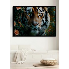 Çerçeve Görünümlü Çiçekler Içinde Bengal Kaplanı Yağlı Boya Görünümlü Ahşap Ofis Kare Tablo