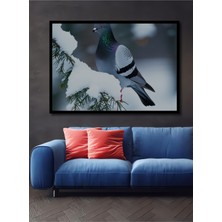 Çerçeve Görünümlü Kar Manzaralı Güvercin Yağlı Boya Görünümlü Dekoratif Ahşap Ofis Kare Tablo