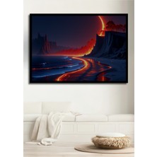 Çerçeve Görünümlü Ateş Sahili Rüya Manzarası Yağlı Boya Görünümlü Dekoratif Ahşap Ofis Kare Tablo