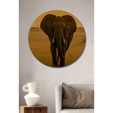 Savana Gün Batımı Yağlı Boya Görünümlü Fil Dekoratif Ahşap Ev/işyeri/ofis Yuvarlak Tablo