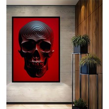 Çerçeve Görünümlü Kırmızı Zeminli Modern Sanat Kafatası Dekoratif Ahşap Ev/işyeri/ofis Kare Tablo