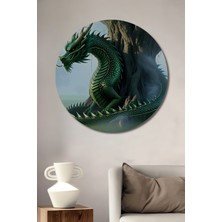 Yeşil Ejderha ve Yaşam Ağacı Yağlı Boya Görünümlü Dekoratif Ahşap Ev/işyeri/ofis Yuvarlak Tablo