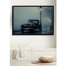 Çerçeve Görünümlü Nostaljik Sisli Şehir Arabası Yağlı Boya Görünümlü Ahşap Ofis Kare Tablo