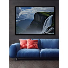 Çerçeve Görünümlü Sulu Boya Görünümlü Ihtişamlı Şelale Manzarası Dekoratif Ahşap Ofis Kare Tablo