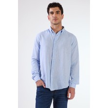 Koyu Mavi Keten Düz Renk Uzun Kol Regular Fit Erkek Gömlek