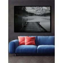 Çerçeve Görünümlü Siyah Beyaz Hüzünlü Göl Ahşap Iskele Manzarası Salon Ahşap Tablo