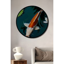 Çerçeve Görünümlü Koi Balığı ve Nilüfer Çiçeği Yağlı Boya Görünümlü Ofis Ahşap Yuvarlak Tablo