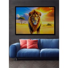 Çerçeve Görünümlü Güneşin Altında Altın Yağlı Boya Görünümlü Aslan Ofis Dekoratif Ahşap Kare Tablo
