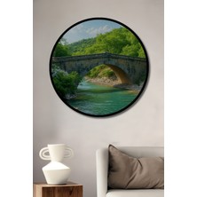 Çerçeve Görünümlü Taş Köprü ve Yeşil Nehir Yağlı Boya Görünümlü Ofis Dekoratif Ahşap Yuvarlak Tablo