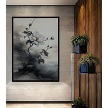 Çerçeve Görünümlü Beyaz Kamelya Kara Kalem Görünümlü Dekoratif Ahşap Ev/işyeri/ofis Kare Tablo