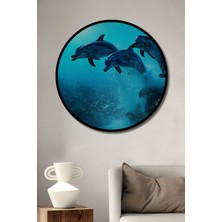 Çerçeve Görünümlü Denizaltı Dünyası Yunuslar Yağlı Boya Görünümlü Ahşap Ofis Yuvarlak Tablo