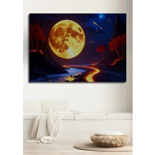 Fantastik Dolunay ve Ateş Nehri Manzarası Yağlı Boya Görünümlü Dekoratif Ahşap Ev/işyeri/ofis Tablo