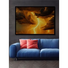 Çerçeve Görünümlü Altın Sarısı Şimşek Fırtınası Yağlı Boya Görünümlü Ahşap Ofis Kare Tablo