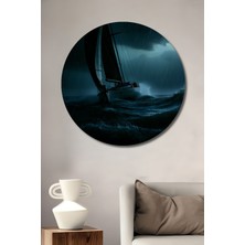 Fırtınalı Denizde Yelkenli Tekne Yağlı Boya Görünümlü Dekoratif Ahşap Ev/işyeri/ofis Yuvarlak Tablo
