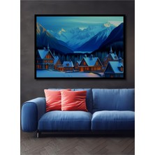 Çerçeve Görünümlü Kış Masalı Köyü Yağlı Boya Görünümlü Dekoratif Ahşap Ev/işyeri/ofis Kare Tablo