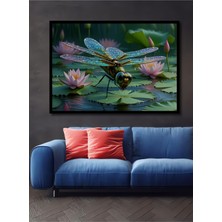 Çerçeve Görünümlü Sulu Boya Görünümlü Nilüfer Çiçeği ve Işıltılı Yusufçuk Ahşap Ofis Kare Tablo