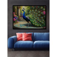 Çerçeve Görünümlü Muhteşem Tavus Kuşu Yağlı Boya Görünümlü Dekoratif Ahşap Işyeri/ofis Kare Tablo