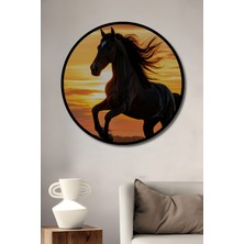 Çerçeve Görünümlü Gün Batımı Asaleti Yağlı Boya Görünümlü At Ofis Dekoratif Ahşap Yuvarlak Tablo